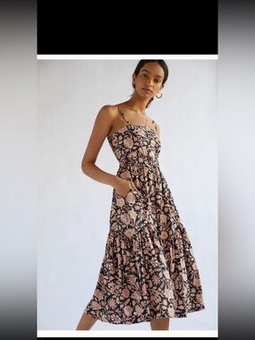 Lusana Anthrologie floral Midi Dress in Blush and Black
